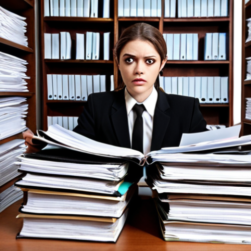 Home 11 A young lawyer overwhelmed by stacks of case files in a law firm office, showcasing the stark contrast between the idealized image of lawyers in dramas and the reality of tedious paperwork and heavy responsibility.