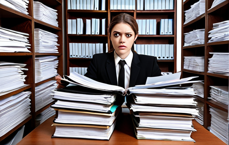 A young lawyer overwhelmed by stacks of case files in a law firm office, showcasing the stark contrast between the idealized image of lawyers in dramas and the reality of tedious paperwork and heavy responsibility.