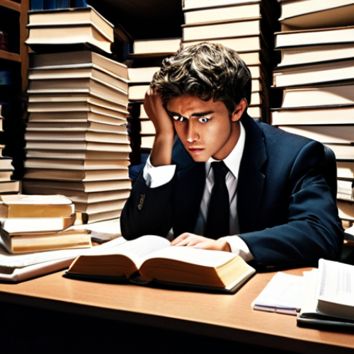 Home 6 **Prompt 1: Initial Struggle to Clarity**
A law student sits overwhelmed at a desk piled high with dusty law books, thick case files, and multiple computer screens displaying dense legal texts. Their expression is one of frustration and exhaustion. Above the clutter, a luminous, abstract AI interface glows, projecting concise summaries and highlighted key information directly onto the documents and screens, creating visible pathways of clarity through the chaotic pile. The lighting emphasizes the contrast between the overwhelming darkness of disorganized information and the bright, guiding light of the AI. Realistic, academic, conceptual, high detail, atmospheric.
